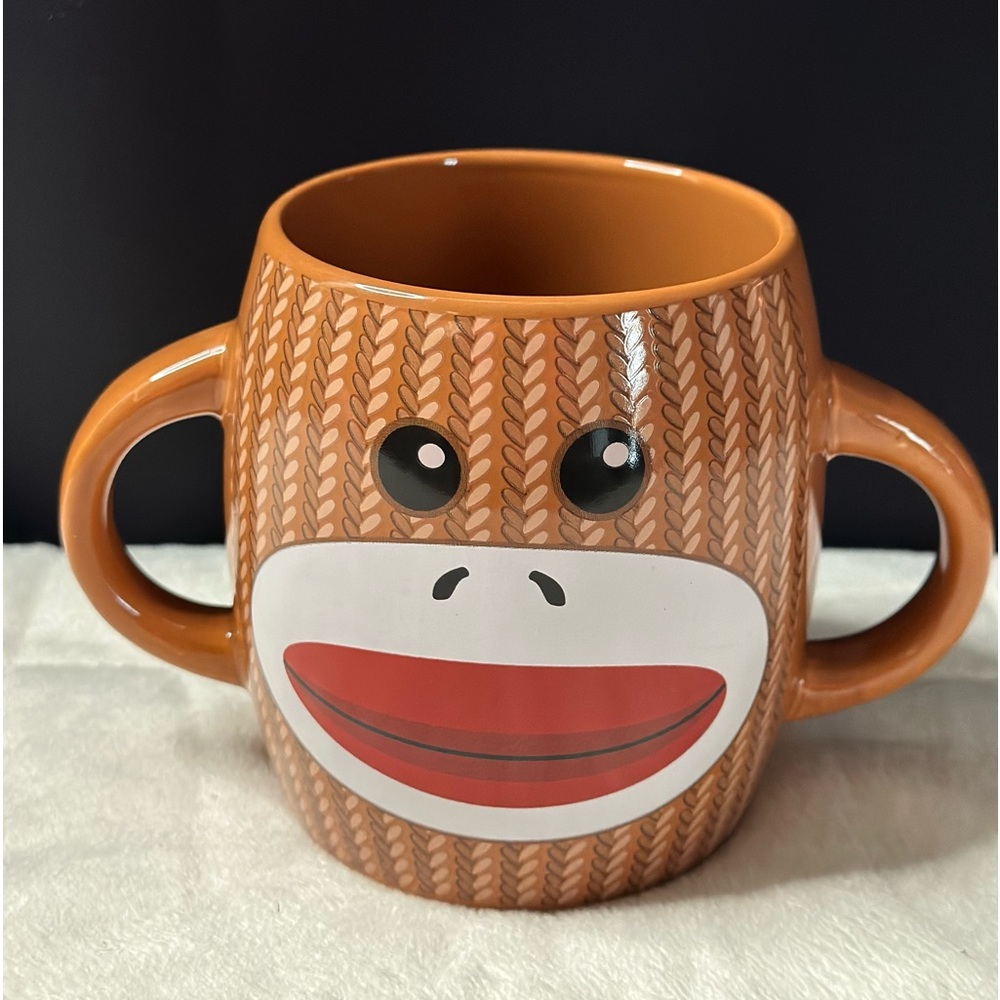 Galerie Sock Monkey Double Sided Double Handle Mug EUC